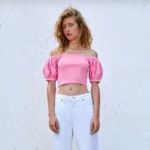 ZARA Women's Pink Balloon Sleeve Knit Top Size XS Puff Sleeve Barbie Stretchy